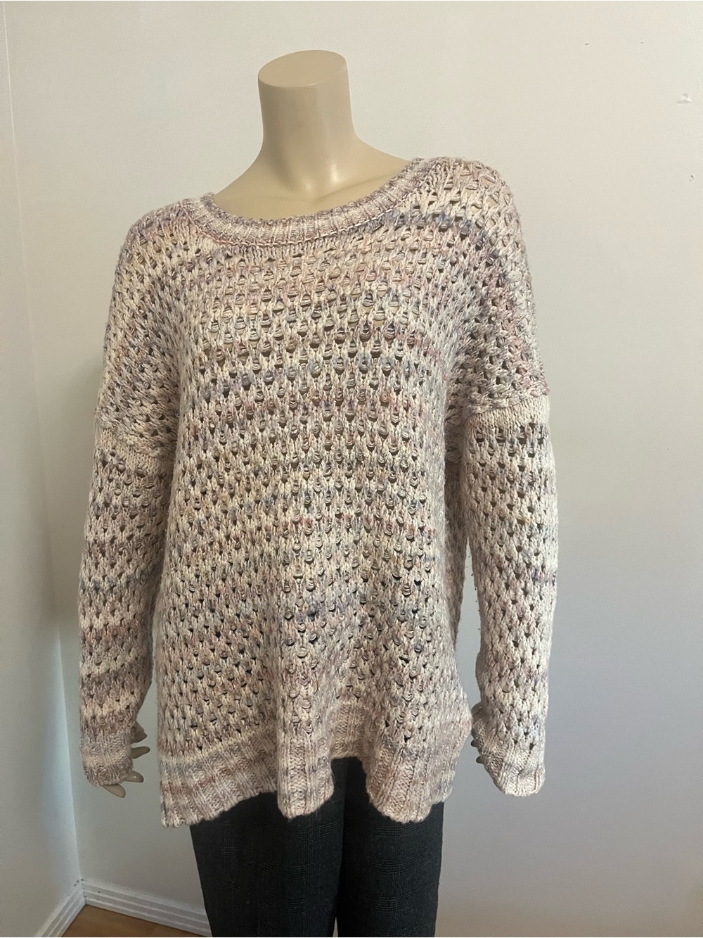 Anthropologie Open-Weave Crewneck Sweater in Cream with Blush Flecks